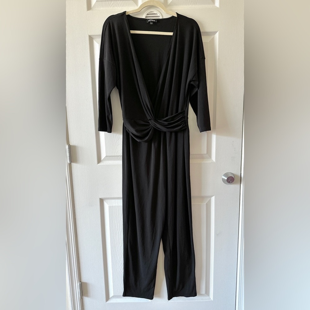 Express Women’s Stretch Knotted Cross Front Jumpsuit, Black, Size Large